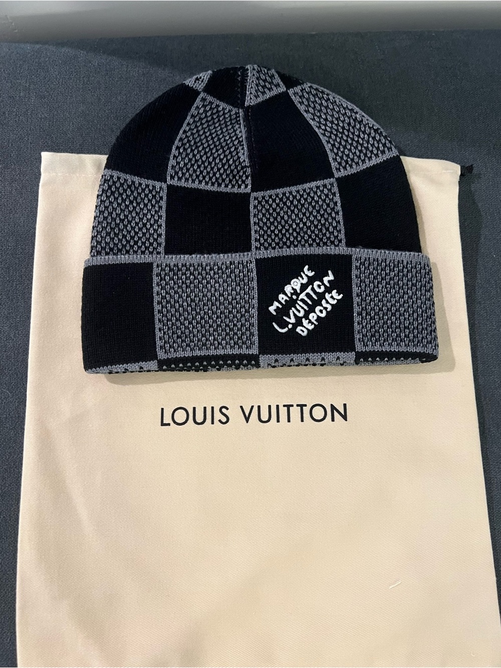 Louis Vuitton Black & Gray Checker Knit Cuff Beanie